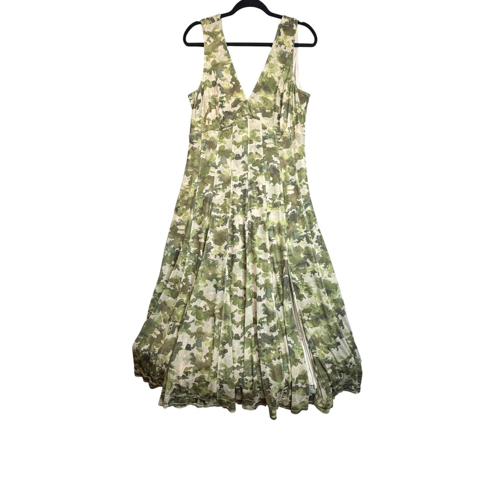 Pilcro Anthropologie Green Camo Mesh V-Neck Sleeveless Maxi Dress L